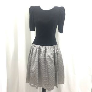 Vintage 80s Black Velvet Gingham Party Dress M